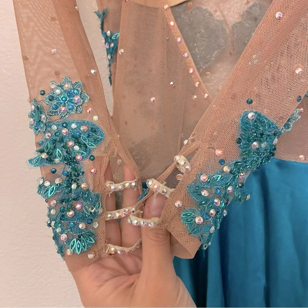 Custom Solo Dance Costume Teal Blue Lyrical Competition nude illusion SA adult